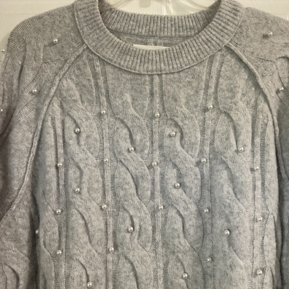Aerie Gray Cable Knit Oversized Crewneck Sweater with Pearl Detailing, Medium - Picture 3 of 3